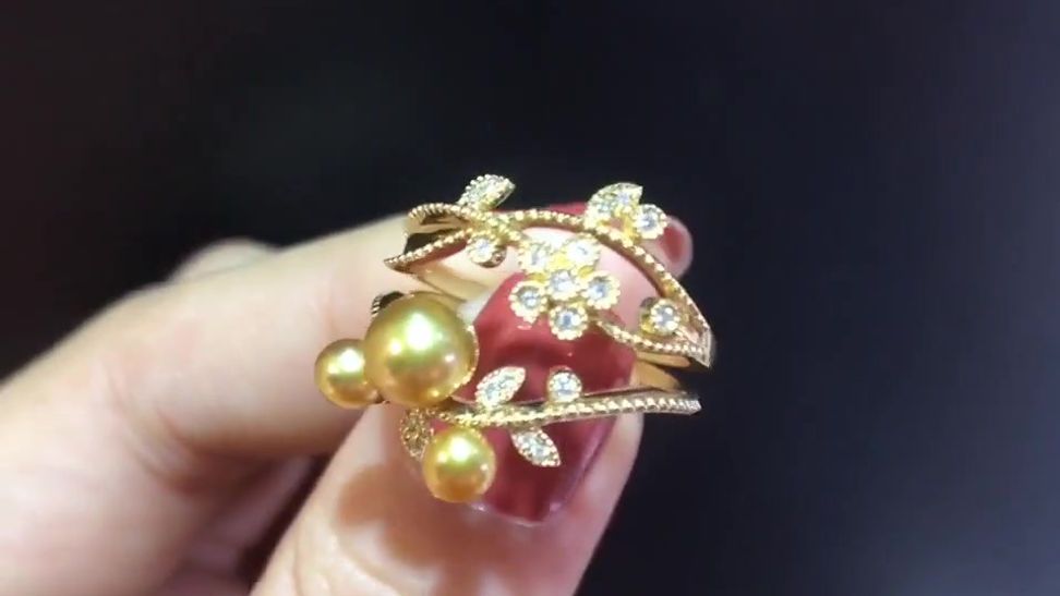 4-6 mm Wile Golden South Sea Pearl Combination Ring Set, 18k Gold w/ Diamond